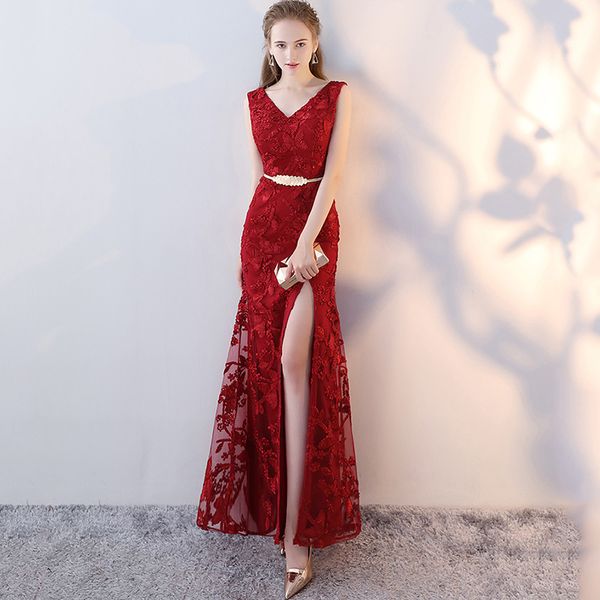 

embroidery full length chinese v-neck oriental party female cheongsam stage show qipao elegant celebrity banquet dresses, Red