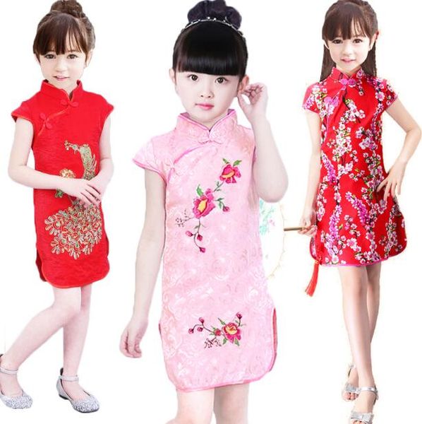 

chinese kid child flower cheongsam dress girls qipao faux silk clothes peacock sleeveless slim traditional dress, Red