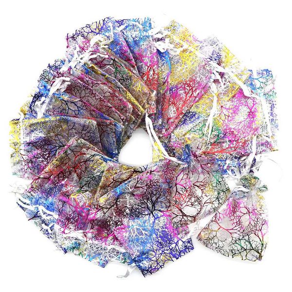 

100 pcs 9x12cm coral pattern drawstring organza bags for wedding favour bags jewellery pouches(white+color