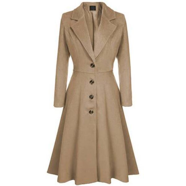 

women trench coat retro single breasted long coats windbreaker winter spring ladies lapel slim a-line overcoat fashion outwear, Tan;black