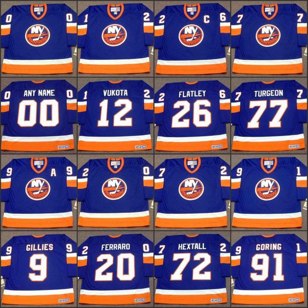 

new york islanders 9 clark gillies 12 mick vukota 20 ray ferraro 26 pat flatley 72 ron hextall 77 pierre turgeon, Black;red