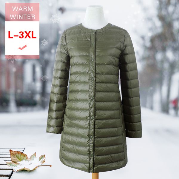 

women ultra light long down coat female winter white duck down slim thin single breasted warm coat o-neck lightweight liner, Black