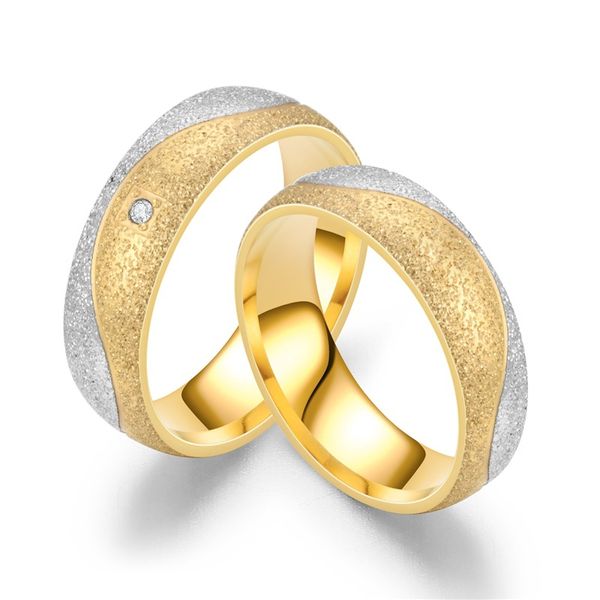 

couple engagement ring for women men sand blasted gold color stainless steel cz wedding rings personalized jewelry, Slivery;golden