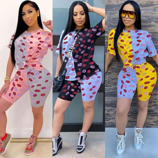 

шорты famale дизайнер два piece set женская colorblock lip pattern tracksuit сыпучие с коротким рукавом экипаж шеи сплошной цвет, Gray