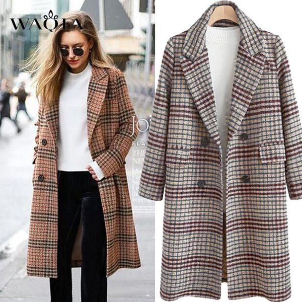 

waqia wool coat women plaid long coat long sleeve woollen overcoat loose outwear female winter autumn trench coats plus size 4xl y190926, Black