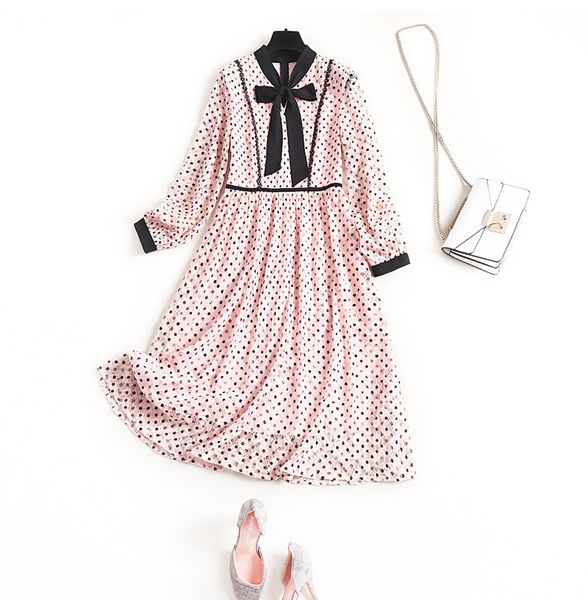 

hollow out lace chiffon dress female v-neck high waist polka dot bow dress women fashion vintage clothes new, Black;gray