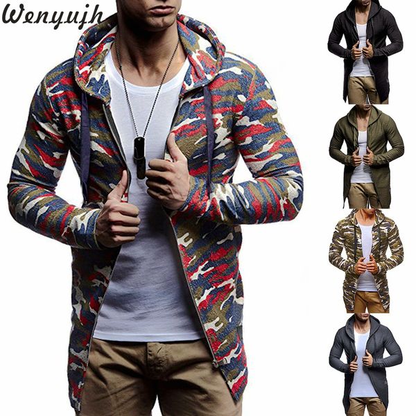 

wenyujh fashion mens cardigan sweatshirt casual zipper long coat autumn winter hooded male camouflage slim fit hoodie coats, Black