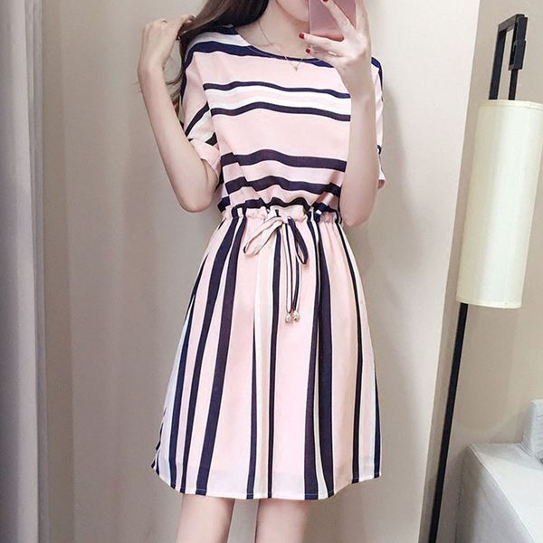 

woman clothes woman dresses korean style women summer dress female dress o neck slim mini a line short sleeve women casual stripe, Black;gray