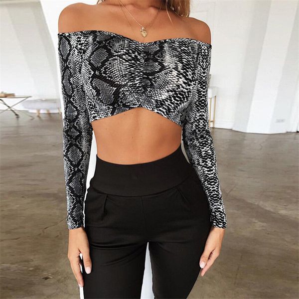 

women's tanks & camis ladies blouse off shoulder cropped tank women snake skin print crop streetwear basic tees 2021, White
