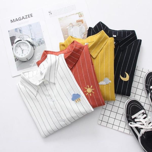 

women spring fall embroidery blouses striped blouse long sleeve shirt women camisas femininas female fashion cotton shirt, White