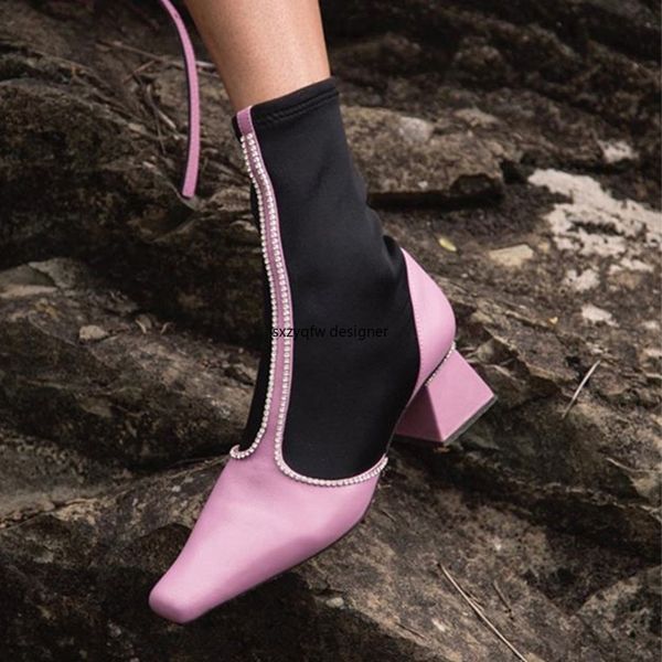 

bling crystal diamond decor stretch knitted fabric women boots new winter ankle boots pointed toe ladies woman botas mujer, Black