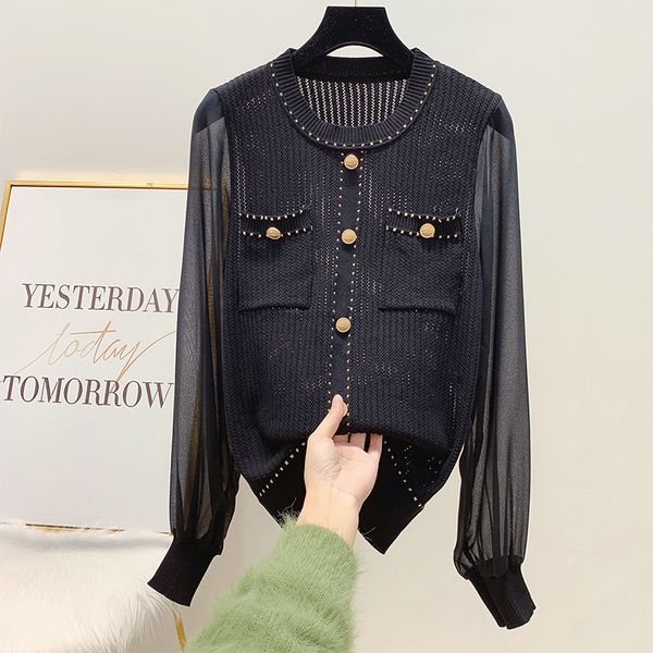 

temperament transparent lantern-sleeve slim-fit chiffon panel sweater shirt women's 2020 spring thin sweater jumper blusas femme, White;black