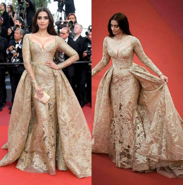 

champagne mermaid evening dresses with overskirts v neck long sleeve formal prom dress sequined beaded red carpet party gowns, Black;red