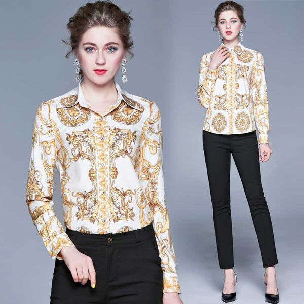 

wholesale spring summer fall runway vintage print collar button front long sleeve womens ladies party casual shirt blouse, White