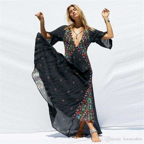 

печатные платья v-образным вырезом flare рукавом асимметричный дизайнер одежды позиционирование печати богемный стиль одежды женские летние, Black;gray