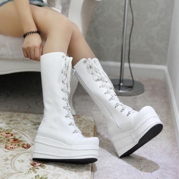 

large sizess 31-49 индивидуальные мода панк косплей сапоги женская обувь платформа зима клин высокие каблуки колено высокие сапоги, Black