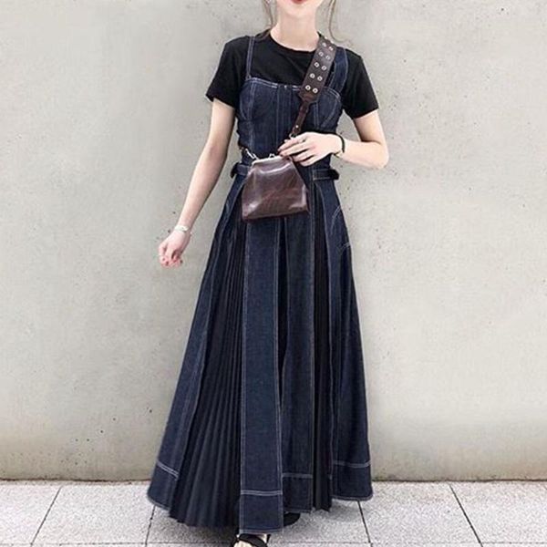 

denim dress women 2020 spring korean fashion causal halter blue jeans long midi pleated dresses brown robe sundress vestidos, Black;gray