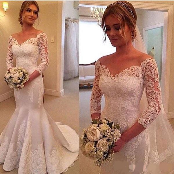 

2020 lace appliques mermaid wedding dresses off the shoulder long sleeves bridal dresses gowns plus size vestidos wedding party gowns cheap, White