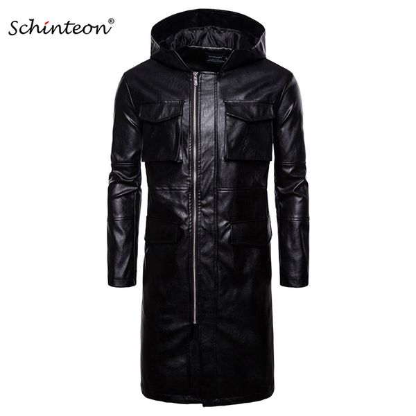 

schinteon pu leather long jacket with hood faux leather trench coat windbreaker black motorcycle bike garment new arrival