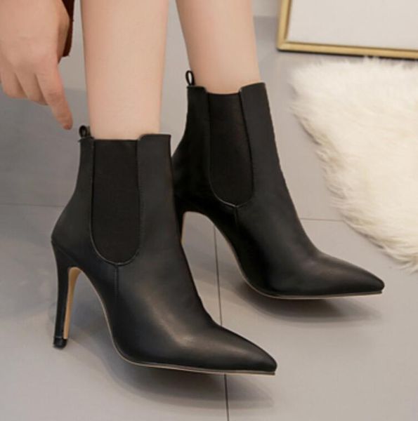 

2019 new women's shoes pointed high-heeled plain wild short boots elastic band women's boots botas mujer qs909-40, Black