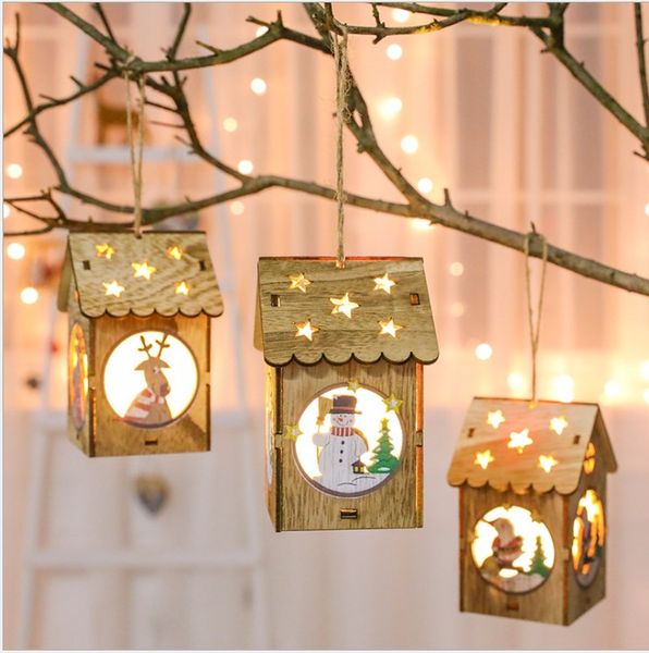 

small led light wooden house christmas tree pendants new year decorations for home table ornaments xmas tree hanging decor toy