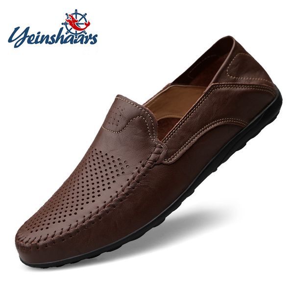 

yeinshaars genuine leather men casual shoes mens loafers moccasins breathable slip on driving shoes plus size 37-47, Black