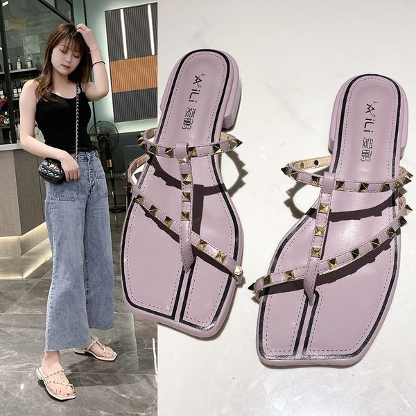 

shoes slippers flat slides slipers women rubber flip flops rivet low 2020 soft hawaiian pu hoof heels rivet, Black