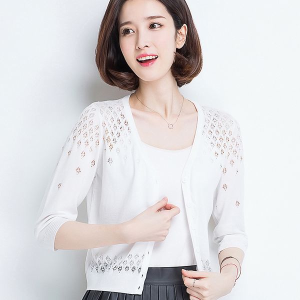 

summer wear fashion women short type thin style knitted breathable hollow out single breasted coats jackets, Black;brown