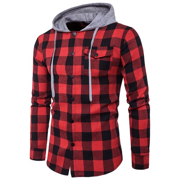 

monerffi men plaid long sleeve hoodies shirts hooded shirts male autumn coat buttons streetwear hombre camisa masculina, White;black