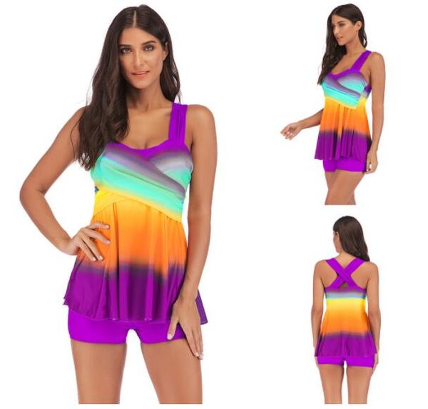 

2023 sport big fat plus slim digital print swimwear double shoulder strap skirt split flat angle gradient bikinis sets flexible stylish