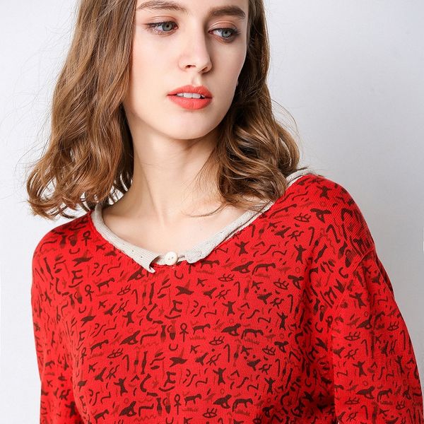

2019 new loose printing v-neck long sleeve ladies base short cotton t-shirt pullover pullover pure cotton t-shirt beijing, White