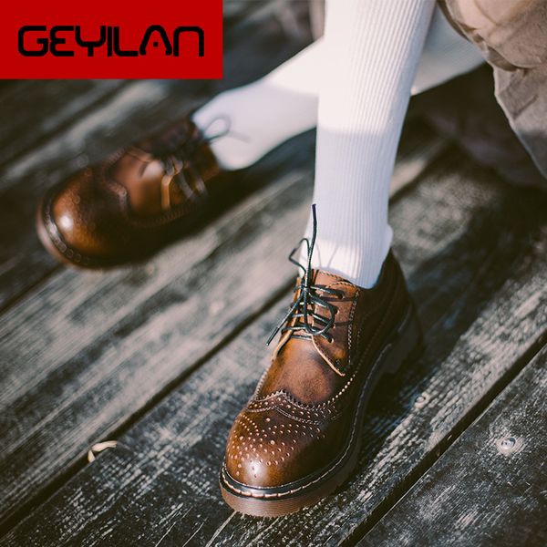 

vintage genuine leather oxford shoes for women british style lace up round toe women oxfords brogues flat shoes size 9, Black