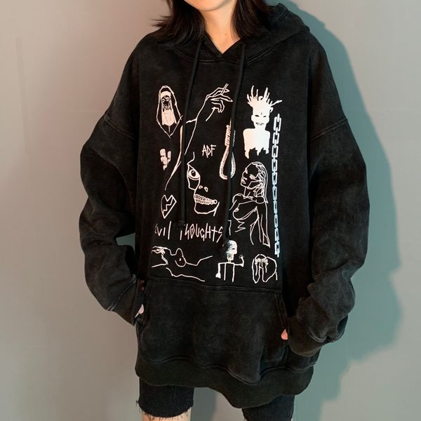 

men's hoodies & sweatshirts mens arnodefrance adf washed retro graffiti europe america high street fashion loose women sweatshirt, Black