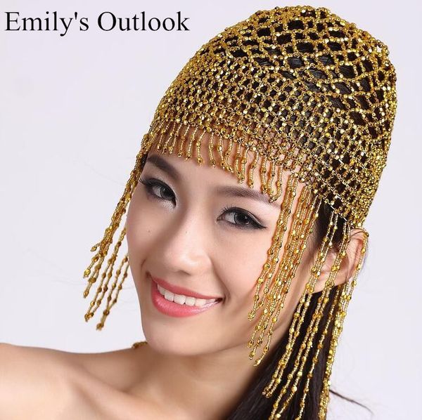 

women tribal exotic belly dance hat elastic bead tassel cap hair accessory egyptian costume golden silver ats ing, Black;red