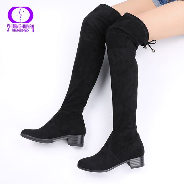 

aimeigao warm fur black ladies long boots suede leather over the knee high boots women winter lace up low heels snow plus
