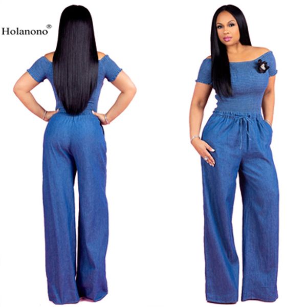

holanono blue dressy jumpsuits for women puff sleeve off shoulder ruffles wide leg pants long jeans jumpsuit romper suit, Black;white
