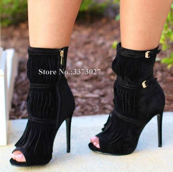 

fashion peep toe tassel women ankle boots black suede buckle decor fringe stiletto heel short boots lady banquet shoes