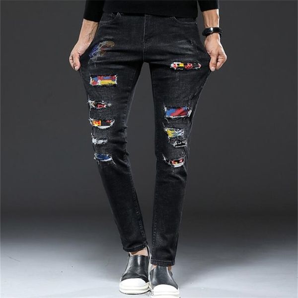 

qiba brand new jeans men slim fit ripped patches black 100% cotton denim korean style men jeans fashion #9213, Blue