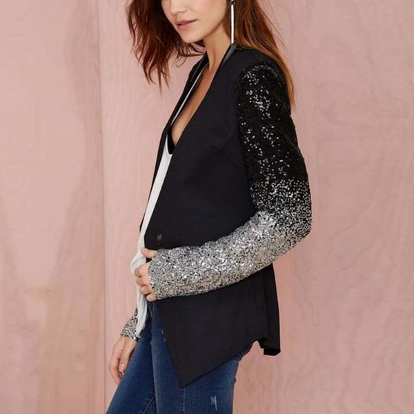 

xuxi women spring autumn chic elegant coat sparkling sequin bling long sleeve elegant jacket outerwear fz0630, Black;brown
