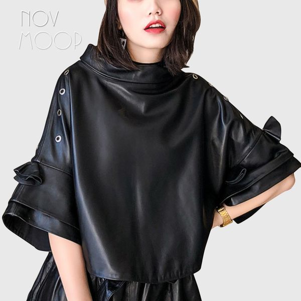 

korean style oversized pullover genuine leather real lambskin coat jackets cropped batwing sleeve casaco feminino ropa lt2507, Black