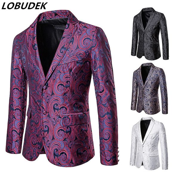 

men's suits & blazers british style fashion men business office casual thin jacquard slim fit blazer nightclub leisure coat for singer, White;black