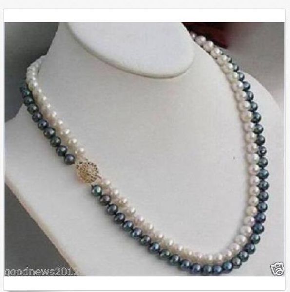 

double strands 8-9mm natural south sea black&white pearl necklace 18" 14k, Silver