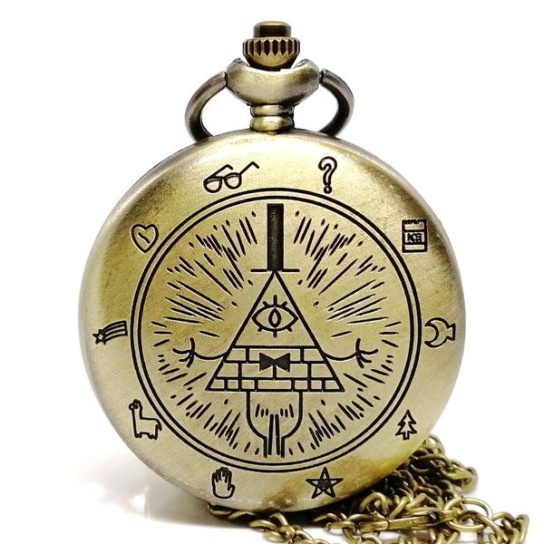 

vintage bill cipher gravity falls color quartz pocket watch analog pendant necklace men women watches chain gift montre reloj, Slivery;golden