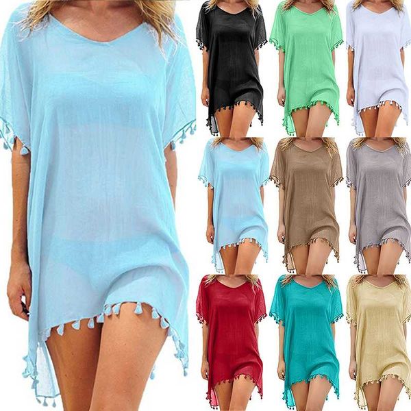 

new women solid chiffon tassels swimsuit beach wear 2020 bathing suits cover up swimwear summer mini dress loose cover ups