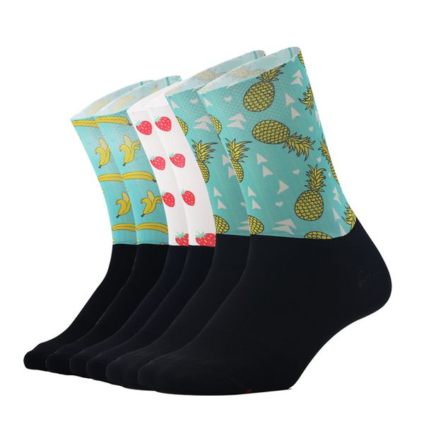 

high-tech fabric cycling socks men women anti slip individualization fruit pattern bicycle sports running compression socks, Black