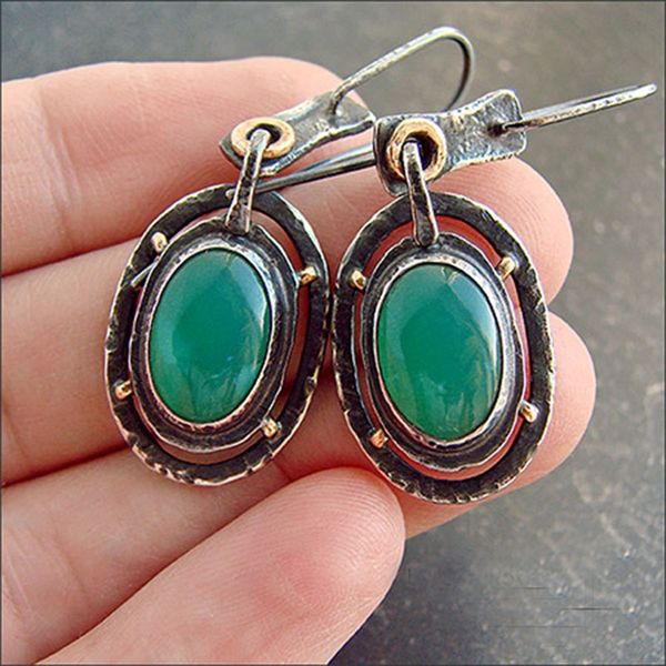 

2020 vintage dangle earrings oval green stone ear hook antique silver metal hollow tribal earrings women bohemian jewelry