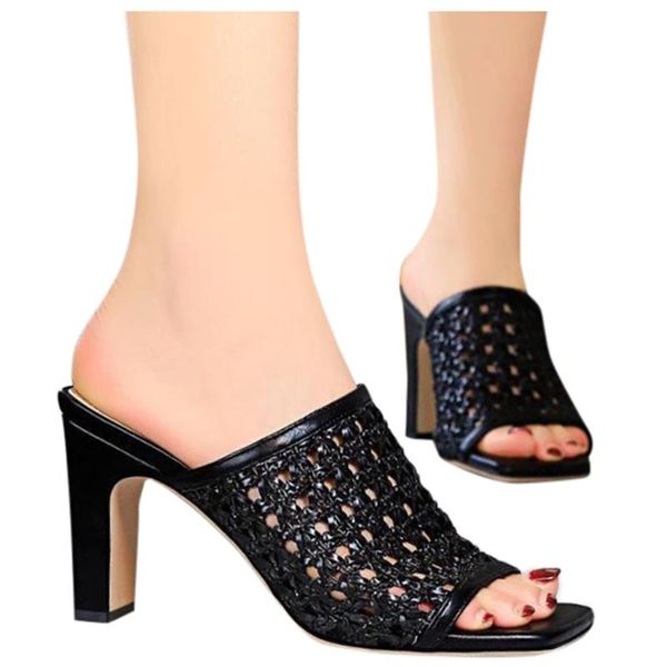 

outdoor summer women's square-toe shoes fashion high-heeled hollow ladies slippers black 2020 shoes women