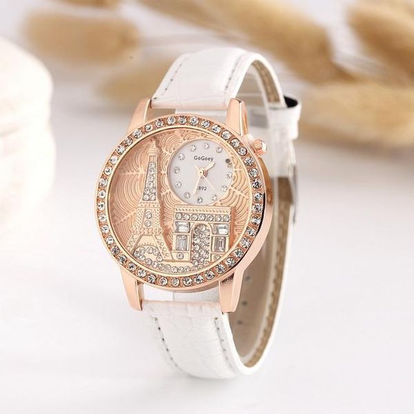 

gogoey brand paris tower leather watches women ladies crystal dress quartz wristwatches female clock go074, Slivery;brown