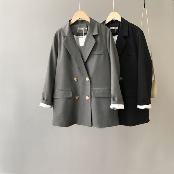 

mooirue fall women blazer jacket coat double breasted slim korean office coat black gray feminino outwear, White;black