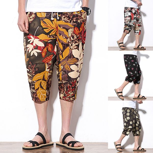 

man pants summer men's new style fashion vintage printed wide-legged pants large baggy harem men, Black